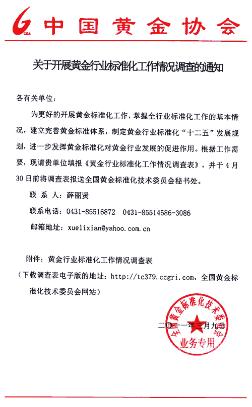 黄金行业标准化工作情况调查通知